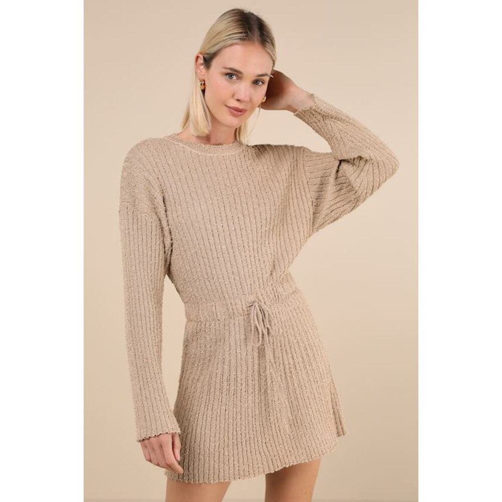 NWT Lulus Considerable Charm Beige Boucle Knit Sweater Mini Dress